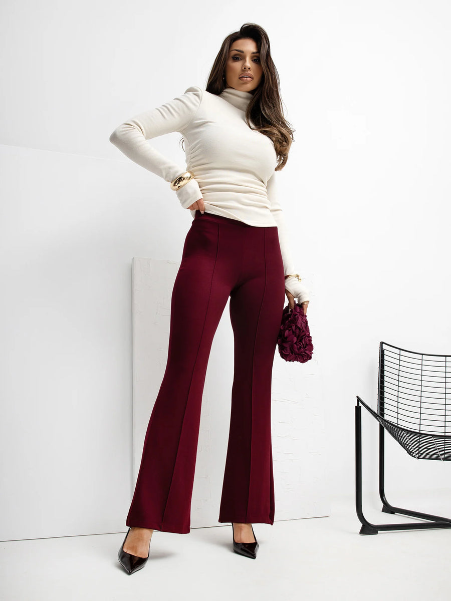 Burgundy High-Waist Basic Flared Trousers