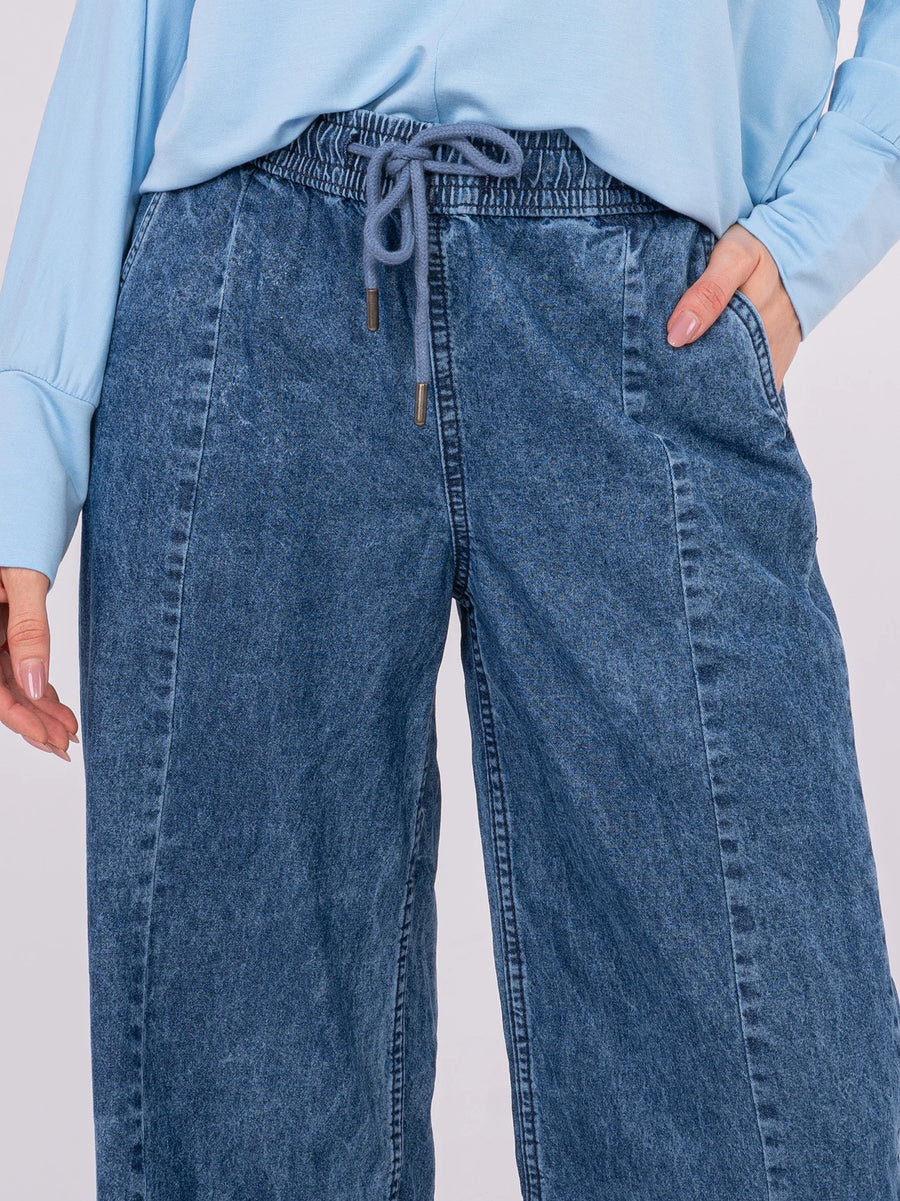 Dark Blue Wide-Leg Denim Trousers with Drawstring Waist