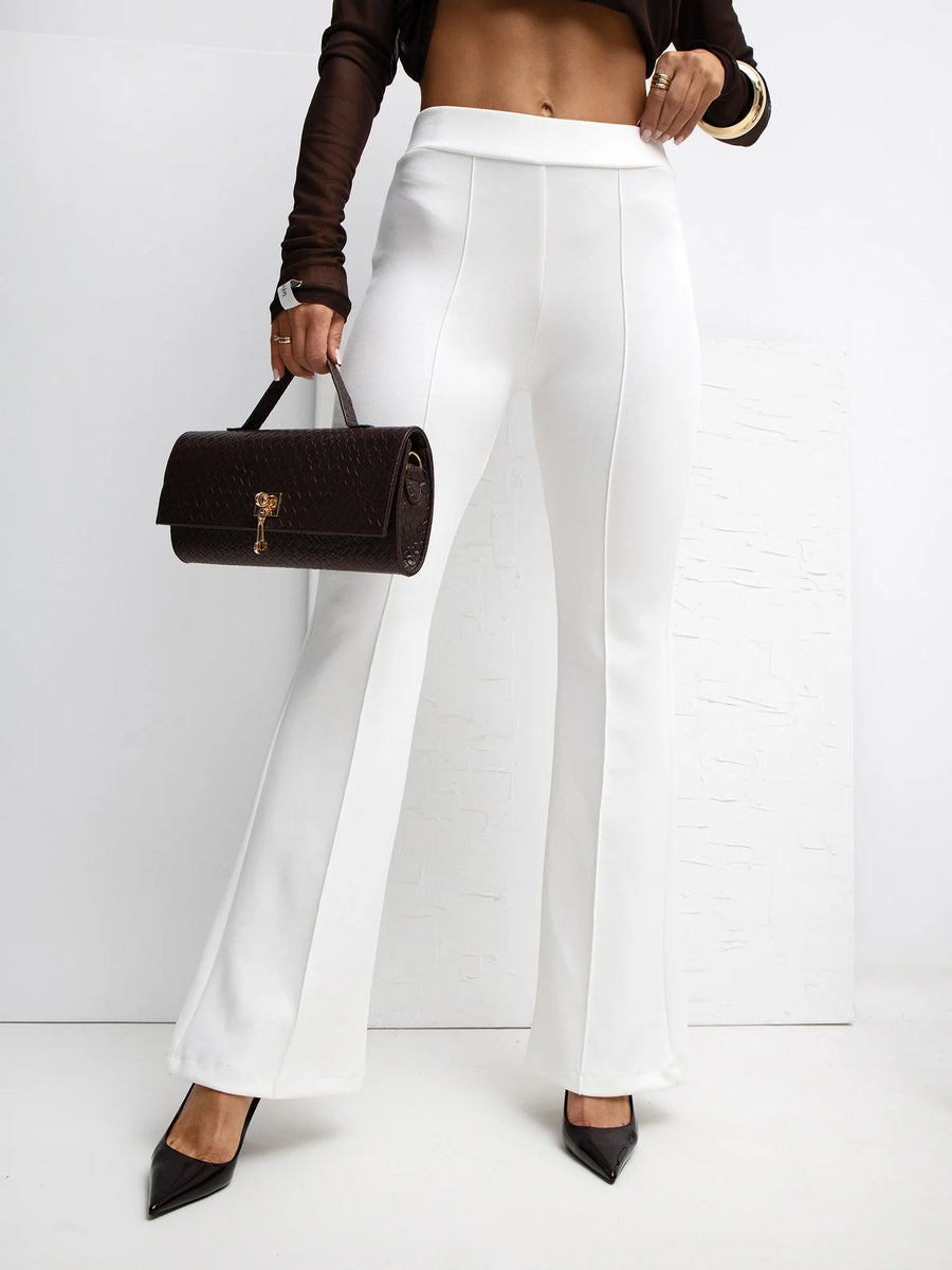 Ecru High-Waist Basic Flared Lounge Trousers with Stitch Details